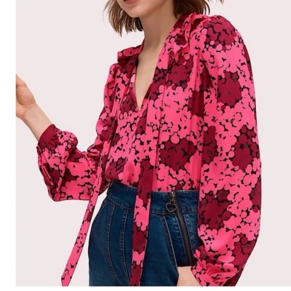 kate spade Tops - Kate Spade Blouse Top Women’s Large Bubble Dot Floral Tie Neck Pink Designer